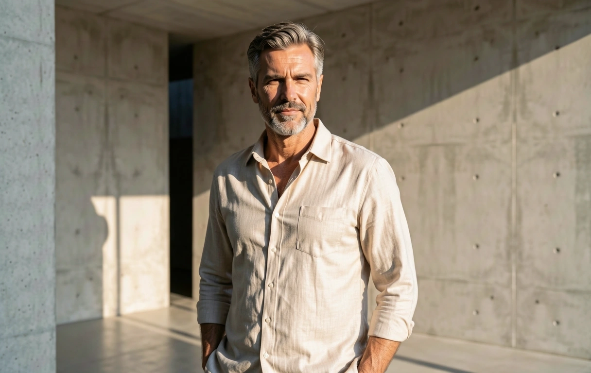 Pria dengan postur percaya diri dalam latar arsitektur modern